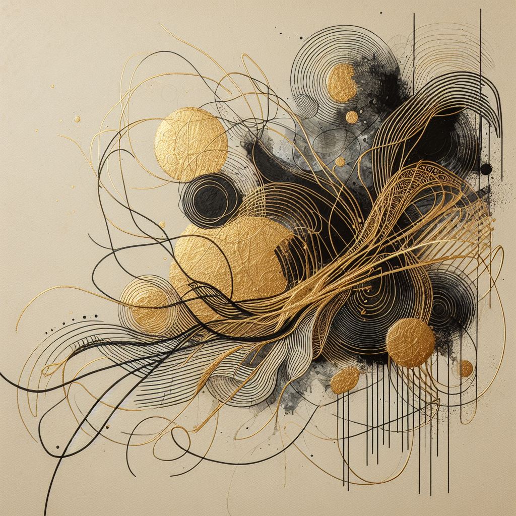 An abstract artwork featuring swirling golden lines and circles intertwined with dark, shadowy shapes on a beige background.