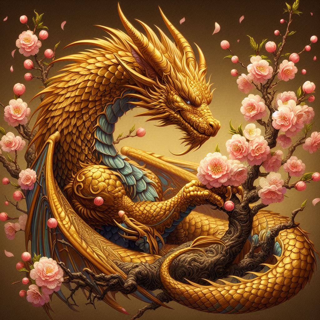 A golden dragon surrounded by blooming pink flowers.
