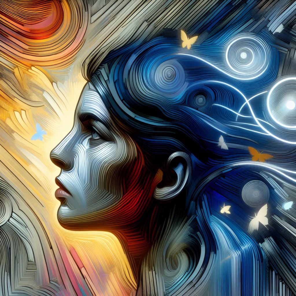 A colourful abstract artwork with swirling patterns and butterflies, partially obscured by a blurred rectangle.