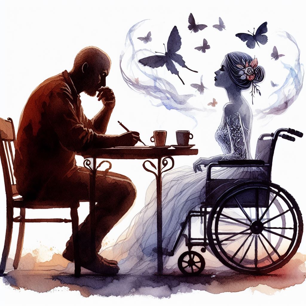 Illustration of two people at a table with butterflies.