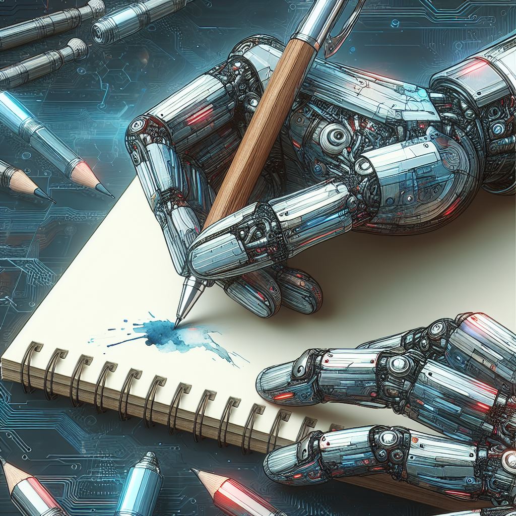 A detailed illustration of a robotic hand holding a pencil, drawing on a sketchpad.