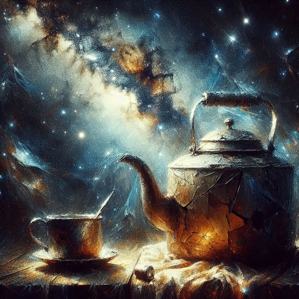 A digital painting of a kettle pouring tea into a cup, both appearing to be made of celestial bodies with a starry universe as the backdrop.
