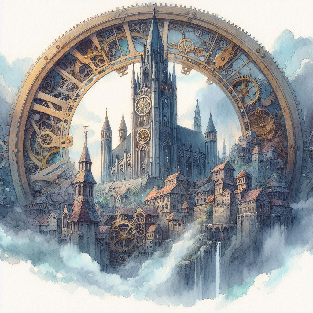 n artwork of a gothic-style cathedral and surrounding buildings nestled within an ornate, mechanical gear, with clouds and waterfalls adding to the ethereal atmosphere.